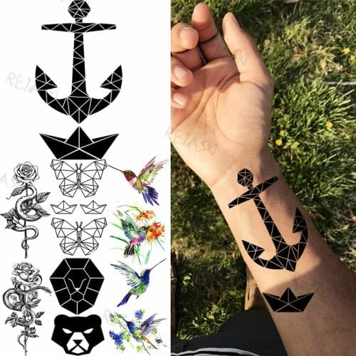 3D Black Anchor Temporary Tattoos For Men Women Hummingbird Rose Butterfly Bear Fake Tattoo Sticker Body Art Half Sleeve Tatoos