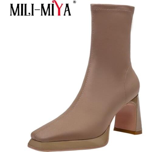 MILI-MIYA Brand Fashion Women Ankle Boots Stretch Fabric Platform High Heel Square Toe Autumn Winter Zipper Party Dress Shoes