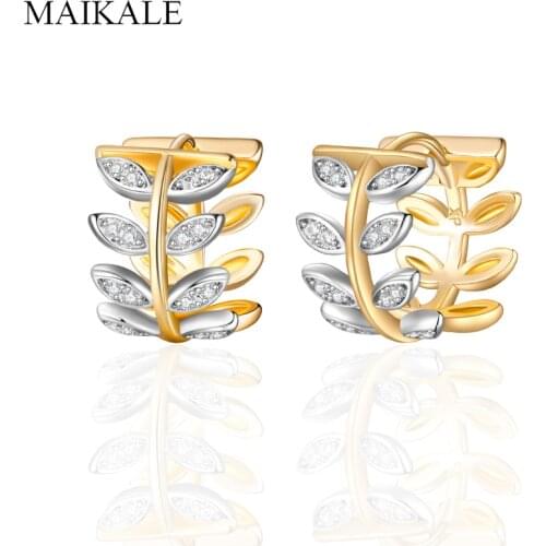 MAIKALE Luxury Small Gold Hoop Earrings Leaf Zirconia Grass Ring Circle Earrings for Women Jewelry Fashion Accessories Gifts