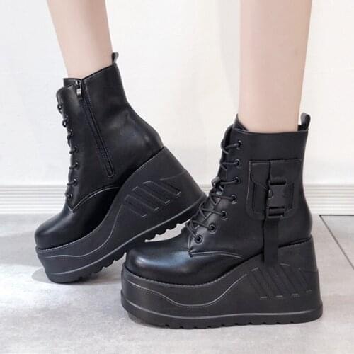 2021 Autumn Fashion Punk Boots Women Wedges Platform High Heels Winter Round Toe Non-slip Ankle Boots Plus Size 43 Women Shoes