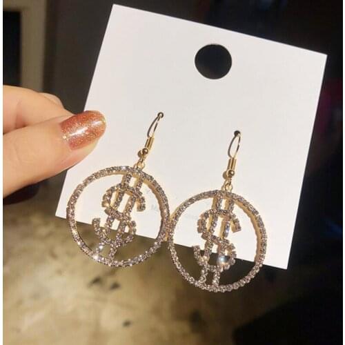 Unique Design US Dollar Money $ Drop Crystal Earrings For Women Round Earrings For Women Trendy Jewelry Gifts