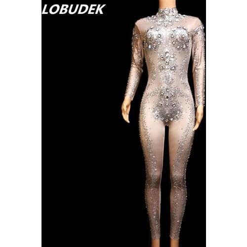 Glass Crystals Tight-fitting Jumpsuit Nightclub Women Costume Silver Rhinestones Skinny Rompers Singer Luxury Leotard Stage Wear