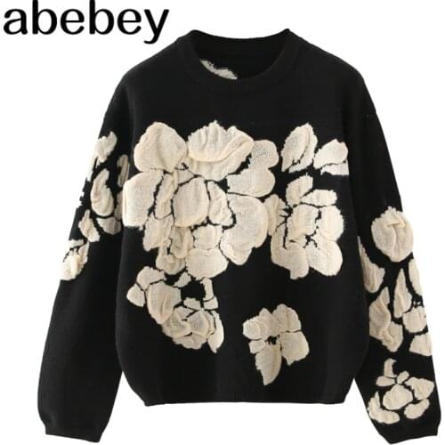 2020 Autumn Winter Floral Print Sweater Women Knitted Pullover Femme Sweaters High Quality Knitted Oversize black Sweater Jumper
