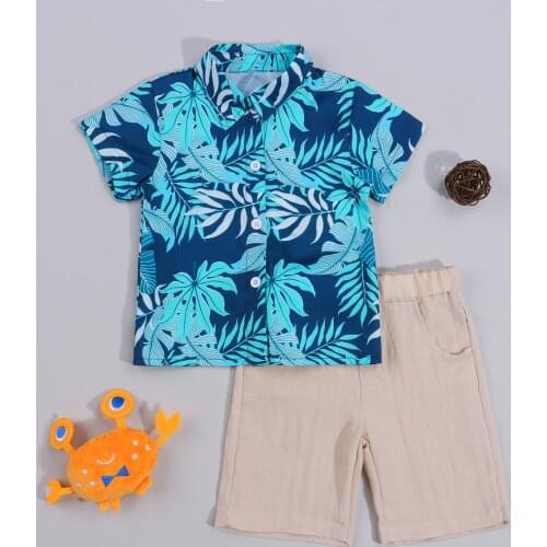 2021 Casual Kids Summer Outfits, Dinosaur/Leaf Print Short Sleeves Shirt + Elastic Waist Shorts Suit for Boys, 1-5 Years