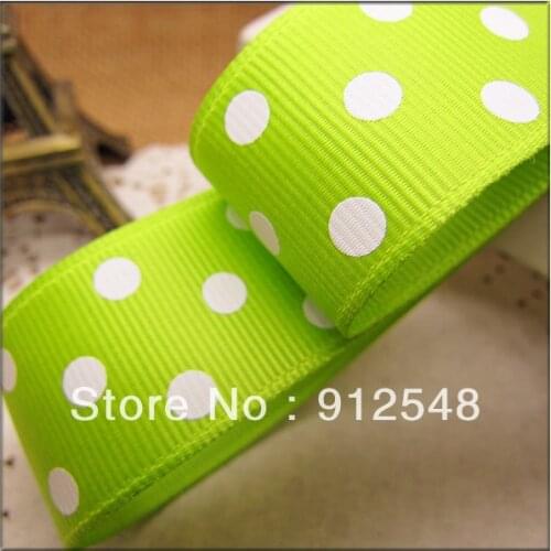 Free shipping 1" (25mm) Grosgrain ribbon Polka Dots printed green ribbon with white dots, DIY hairbow accessories,ZYD017