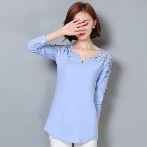 4XL Women Blouse Femininas 2019 Long Sleeve Blouse Shirt V-Neck Floral Lace Sexy Casual Linen Shirts Plus Size Lady Shirt 185B