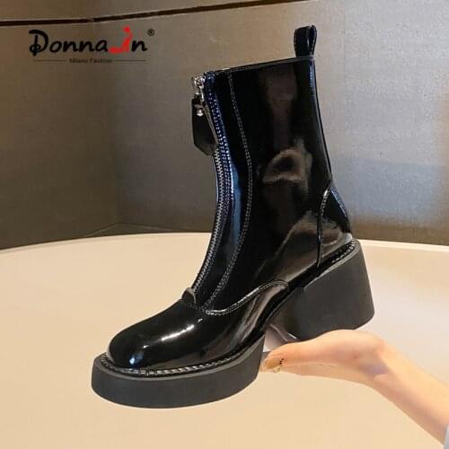 Donna-in Chucky Heel Martin Boots Women Black Patent Leather Platform Ankle Boots Round Toe Zipper Female Shoes 2021 Autumn New