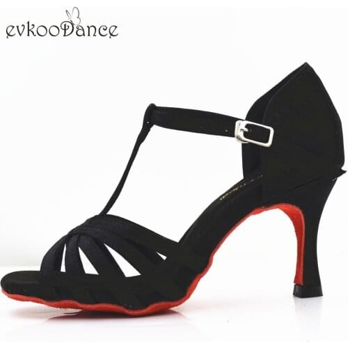 Evkoodance Black Satin Colour Zapatos De Baile Heel Height 7cm Professional suede Red sole Latin Dance Shoes For Girls Evk554