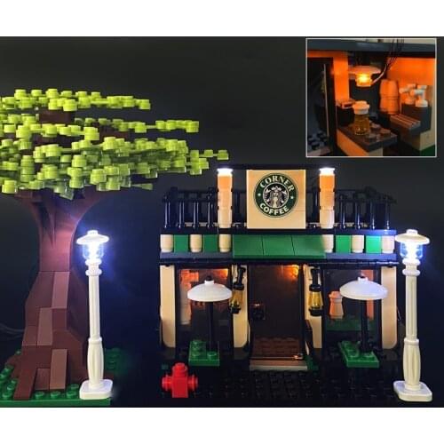 City Mini street Retail Store ville shop Miniature Building Block Cafe Plant Tree Model Light Street Light LED Lamps tiendas toy