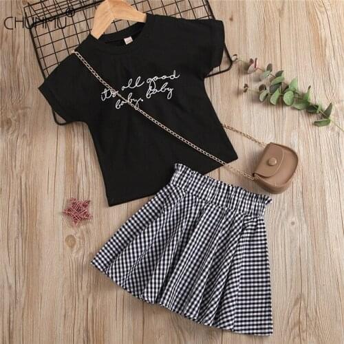 Toddler Girls Clothes Sets Casual 2Pcs Kids Short Sleeve Letter Print Tops + Plaid Skirt Outfits For Children Clothing