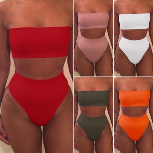 Womens Sexy Solid Color Tube Top Split Swimsuit 2-Piece High Waist Bikini Suit Swimsuit