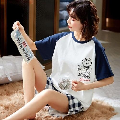 Summer Cotton Pajamas Set Casual Plaid Homewear For Women Blue Patchwork Short Sleeve Femme Little Bears Print Cartoon Sleepwear