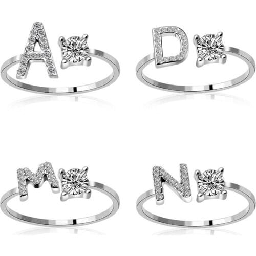 Fashion Adjustable 26 Letter Initial Rings Women Zircon Silver Color Open Trendy Alphabet Finger Cuff Ring Girl Lovers Jewelry