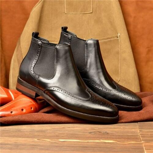 Men Winter Chelsea Boots Genuine Leather Mens Platform Brogue Casual Ankle Flat Shoes Slip On Dress Designer Brand Boots