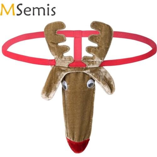 Mens Lingerie Bikini Briefs G-String Underwear Christmas Reindeer Pattern Bulge Pouch Open Butt Thongs Panties