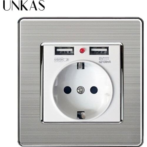 UNKAS PC Panel White New Luxury Panel EU Socket With Usb Dual USB Charging Port 2.1A Wall Charger Adapter Power Outlet