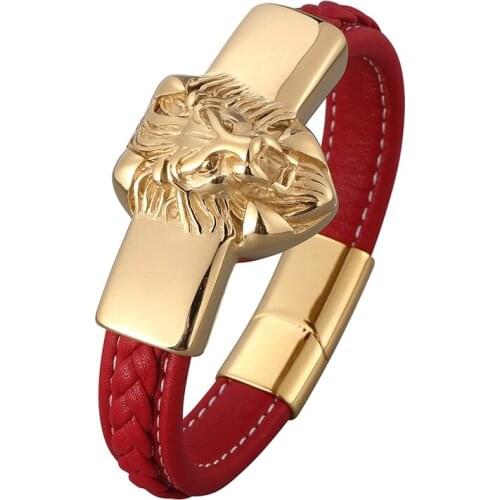 New Red Leather Men Bracelets Bangles Fashion Gold Lion Head Stainless Steel Magnetic Buckle Wristband Male Punk Jewelry PD0821