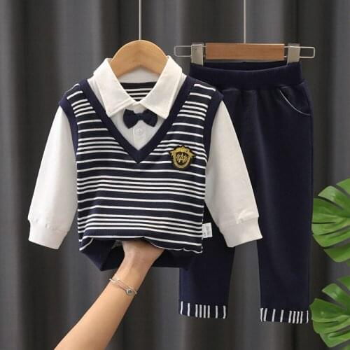 Baby Boys Gentleman Clothes Set Fake Two-Piece Vest Sweaters Tops+Pants 2021 Spring Autumn Children Fashion 2Pcs Suits