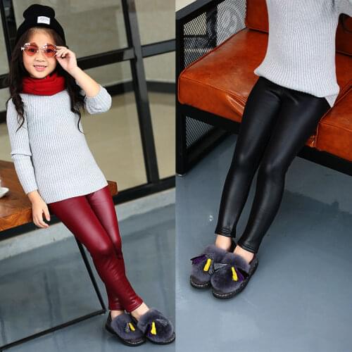 Girls Autumn Leggings Winter Kids Thick Warm Pu Leather Plus Velvet Pants Children Skinny Pencil Pants Warm Trousers 2-6 Years