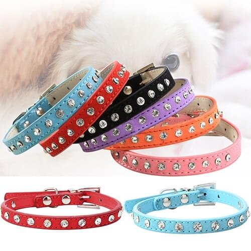Adjustable Cat Pet Dog Studded Rhinestones Buckle Collar Faux Leather Neck Strap