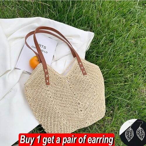 Summer Straw Bucket Bag Women Vacation Rattan Tote Bag Large Capacity Shoulder Beach Bag Woven Handmade Handbag Travel Bag Bolsa