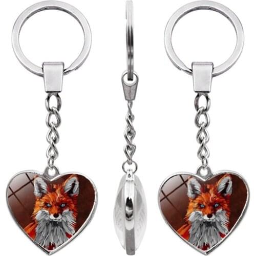WG 1pc Cute Animal Fox Cabochon Double Sided Heart Keychain Pendant Metal Keyring keychain For Women Car Bags Accessories