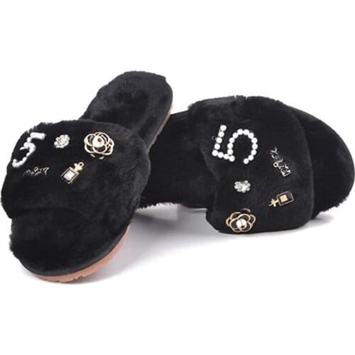 2019 Fur Shoes Female Word Drag Home Wear Non-slip Flat Bottom Plush Slippers Women Fur Sliders Women Shoes Winter Home Slippers