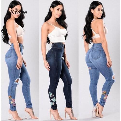 Women Plus Size High Waist Distressed Ripped Blue Skinny Denin Jeans Pant Women Casual Clothes