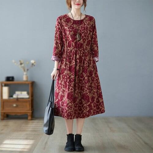 2021 New Arrival Long Sleeve Autumn Dress Cotton Linen Print Floral Vintage Office Lady Work Dress Women Spring Casual Dress