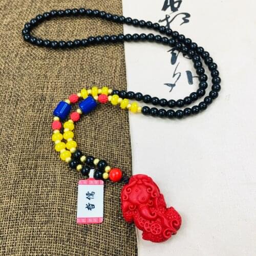 Zheru Natural Cinnabar Carved Unicorn Pendant with Multicolor Bead Necklace Exquisite Men and Women Sweater Chain