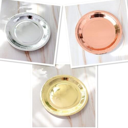 Gold Rose Silver Party Round Paper Plates Cups Disposable Cutlery Sets Decorative Cake Tableware