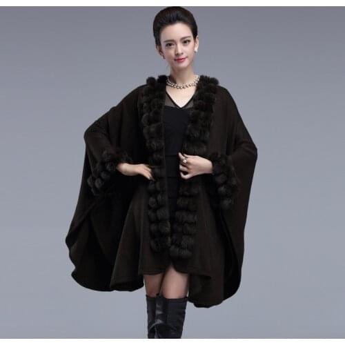 2019 Women Winter Shawl Fake Fox Fur Big Long Collar Loose Poncho Capes Cardigan Coat Plus Size Cloak Elegant Knitted Pashmina