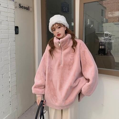 2020 Women Winter Stand Collar Thicken Lambwool Jacket Sweatshirt Full Sleeve Loose Hoodies Casual Pullovers Warm Clothes
