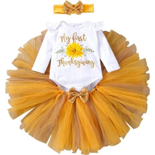 3 Pcs Toddler Thanksgiving Day Outfits, Letter & Flower Print Fly Sleeve Playsuit + Tulle Skirt with Sequin Bow + Headband