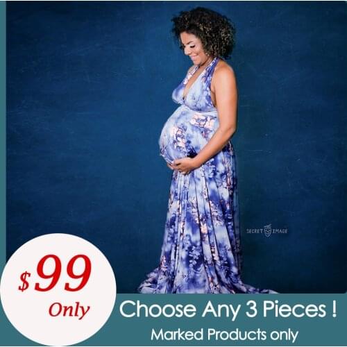 3PCS/Lot Blue Floral Maternity Photography Props Party Dress V-Neck Pregnant Clothes Maxi Condole Belt Baby Shower Costume
