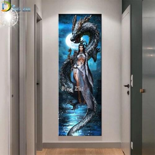 Diamond Embroidery Dragon Fantasy Girl Animal Art, 5D Diamond Painting Full Square Round Drill Anime Pattern Mosaic Cross Stitch