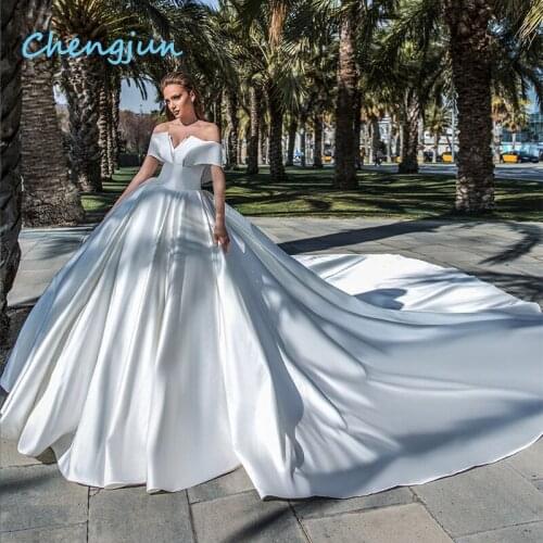 Chengjun Ball Gown V Neck Off Shoulder Simple Plain Satin Long Train Wedding Dress