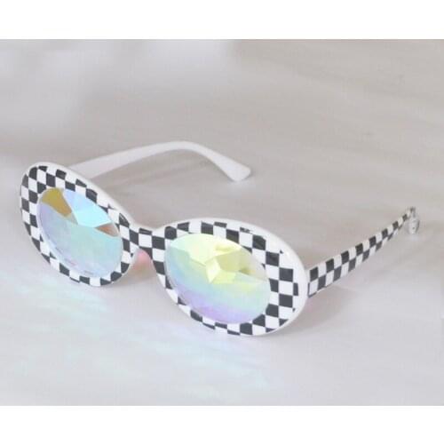 Black and white plaid kaleidoscope glasses with oval glass lens