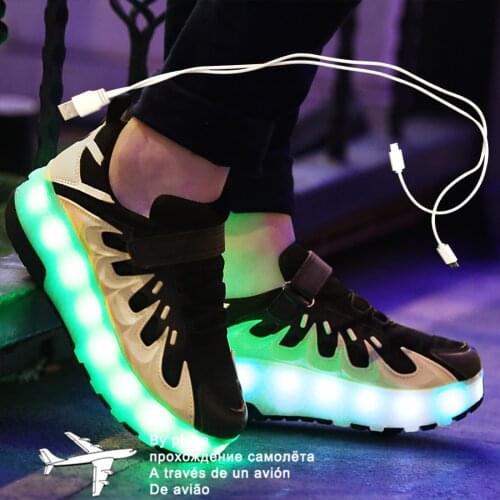 Children Boys Luminous Glowing Sneakers with Double / Two Wheels Roller Skate Shoes Adult Kids USB Charging Shoes Pink Girls