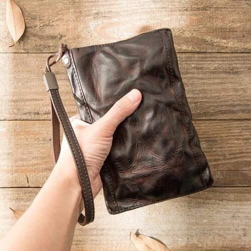 Vegetative Leather New Handmade Leather Clutch Men Clutch Bag Zipper Envelope Bag Top Layer Cowhide Retro Original