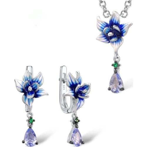 Ajojewel Purple Enamel Flower Engagement Party Jewelry Set Women Zircon Earrings & Pendant Necklace Ensembles De Bijoux