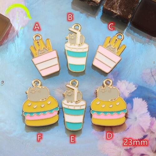 Cute Hamburger Metal Charm Pendant 10pcs Colorful Drink Hamburger Enamel Charms Kawaii Gold Earrings Making Pendant Finding