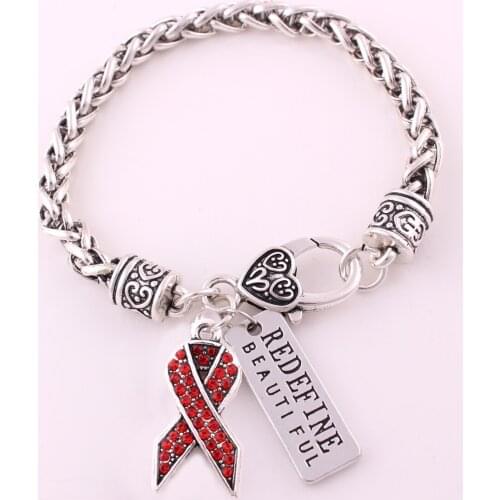 Multi-color antique sliver plated studded with sparkling crystal BREAST CANCER RIBBON with REDEFINE BEAUTIFUL charm Bracelet
