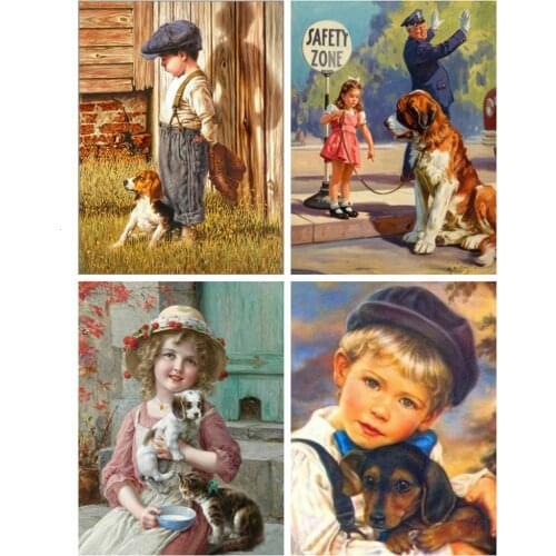 DIY Painting By Numbers Children and Dog Kit Oil Picture By Numbers Handpainted Wall Art Painting on Canvas Home Decoration Gift