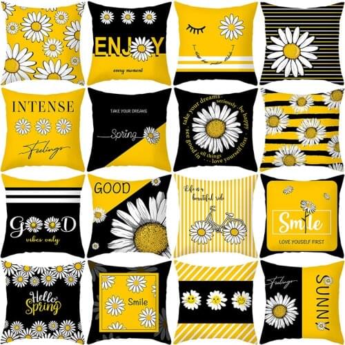 Yellow Daisy Pillowcase Black Striped Letters Decorative Cushion Cover 45X45 Polyester Sofa Cushions Home Decor Throw Pillows