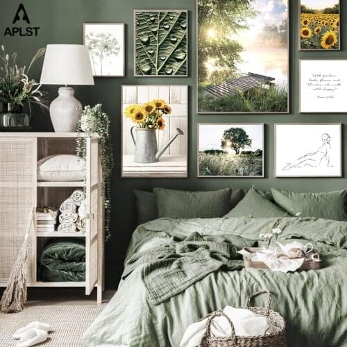 Sunflower Dandelion Green Leaf Canvas Prints Poster Lake Field Dew Wall Painting Abstract Woman Body Sketch Picture Home Decor