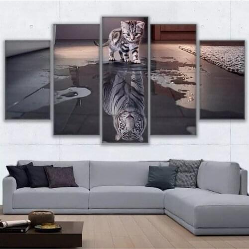 Wall Art Frame For Home Living Room Nordic Decoration 5 Panel Painting Animal Cat New Canvas Tiger Modular Picture Poster