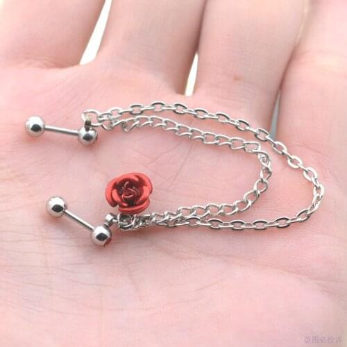 Romantic Red Rose Flower Tassel Earrings Helix Piercing Tragus Piercing Cartilage Earrings Stainless Steel Nose Ring Ear Jewelry