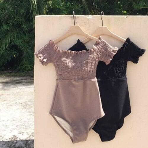 Sexy Off Shoulder One Piece Swimsuit Solid Swimwear Women Ruched Monokini Ruffle Padded Push Up Bathing Suit Black Swim Suit