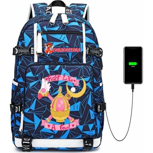 Anime Card Captor Oxford Backpack USB Charging School Bag Mochila Shoulder Bag Travel Bag Student Laptop Bag Rucksack